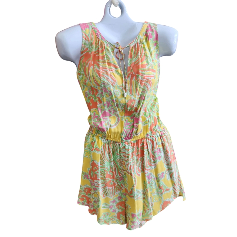 Lilly Puliter Romper Butter Yellow  Floral Abstract-Tie Front Cut Out-Resort  M